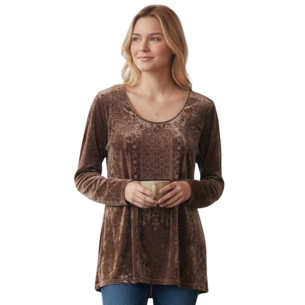 Tribal Jeans NEW Embroidered Velvet Top Womens Small Hazelwood Brown Velour